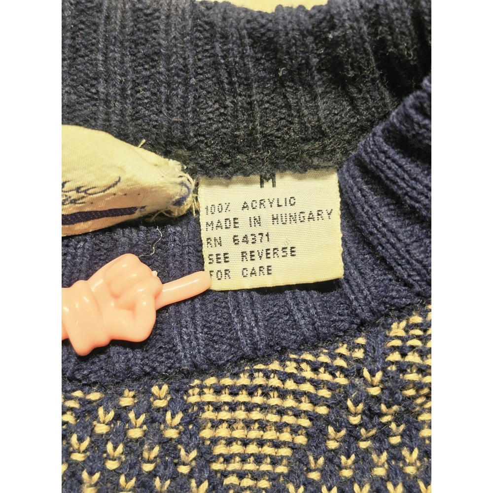 Vintage 90s Y2k Grandpa‎ Sweater Mens M Navy Tan Geometric Knit Retro Crewneck - Picture 3 of 7